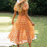 Mqtime  Elegant Boho Plaid Ruffle Summer Dress Short Sleeve High Waist Woman Dress Square Neck Backless Lace Up Ladies Party Dress