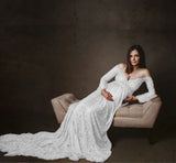 MQTIME  -  ﻿ Ginger Lace Maternity Dresses For Photo Shoot Pregnancy Women Dress For Photography Long Tail Baby Shower Dress Flare Sleeve