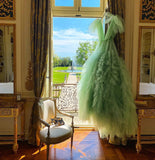Mqtime Pretty Sage Green Puffy Tulle Dress Ball Gown Prom Party Dresses Ruffled Long Photo Shoot Dress Photography Celebrity Gowns