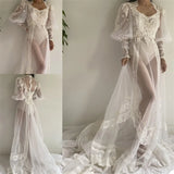 MQTIME  -  White Lace Sequined Tulle Long Sleeve Bridal Wrap Sexy Kimono Pregnant Party Sleepwear Women Bathrobe Sheer Nightgown Robe