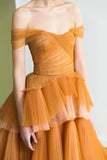 Mqtime New Arrival Tiered Tulle Long Prom Gown Dresses Off the Shoulder Layered Ruffles Evening Formal Dress Sweep Train robe de soiree