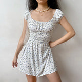 MQTIME  -  French Retro Idyllic Fresh Floral One Line Neckline Stretch Wrap Chest Short Sleeve Dress