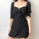 MQTIME  -  French Minority Retro Sexy Square Neck Bubble Sleeve Mesh Short Sleeve Polka Dot Dress Skirt