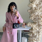 MQTIME  -  Winter  Fashion Designer Overcoat Women's Slim Fitting Double Breasted Pink Houndstooth Tweed Wool Long Coat