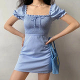 MQTIME  -  Little Fresh Pleated Blue White Plaid Bubble Sleeve Square Neck Short Sleeve A-line Dress