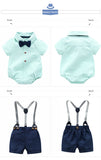 MQTIME  -  Boy Formal Dress Cotton Striped Romper + Bow + Navy Shorts + Suspenders Sets Boy Dress Clothes for Wedding Clothes 0 3 Months