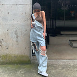 MQTIME  -  Casual Wide Leg Denim Overalls Rompers Women Straight Ripped Hole Mom Jeans Jumpsuit High Waist Loose Big Size Straps Baggy Pant