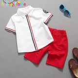MQTIME  -  Summer Toddler Boy Outfits Kids Clothes Korean Fashion Stripe Short Sleeve Cotton Baby Tops+Hole Shorts Children's Sets BC1065