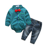MQTIME  -  2Piece Fall Toddler Boy Outfits Newborn Clothes 0 3 Months Korean Fashion Plaid Long Sleeve Bodysuit+Jeans Baby Clothing BC1636