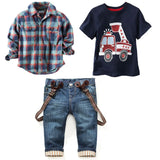 MQTIME  -  2Piece Spring Autumn Toddler Boy Outfits Baby Clothes Casual Cartoon Plaid Cotton Shirt+T-shirt+Jeans Kids Clothing Set BC1350