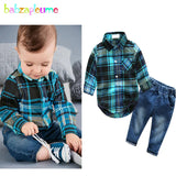 MQTIME  -  2Piece Spring Autumn Newborn Boy Clothes Korean Outfit Sets Fashion Plaid Long Sleeve Bodysuit+Jeans Baby Luxury Clothing BC1328