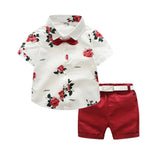 MQTIME  -  Boys Party Clothes Floral Printed Shirt with Solid Shorts Belt for 1 2 3 4 5 6 7 Years Kids Summer Set Baby Valentine's Day Suit