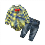 MQTIME  -  2Piece Fall Toddler Boy Outfits Newborn Clothes 0 3 Months Korean Fashion Plaid Long Sleeve Bodysuit+Jeans Baby Clothing BC1636