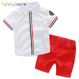 MQTIME  -  Summer Toddler Boy Outfits Kids Clothes Korean Fashion Stripe Short Sleeve Cotton Baby Tops+Hole Shorts Children's Sets BC1065
