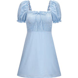 MQTIME  -  Little Fresh Pleated Blue White Plaid Bubble Sleeve Square Neck Short Sleeve A-line Dress