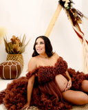 MQTIME  -  Brown Puffy Tiered Ruffles Maternity Dress Sheer Long Women Maternity Dressing Gowns for Photoshoot Pregnancy Tulle Robes