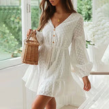 Mqtime Elegant V Neck Lace A-Line White Dresses For Women  Long Sleeve High Waist Lace Up Party Mini Dress Sweet Vestidos