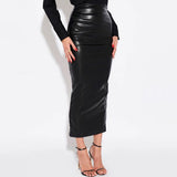 Mqtime Skinny Faux Leather Split Midi Skirt Women Sexy Black White Long Skirt Club Y2K High Waisted Bodycon PU Streetwear Spring Autumn