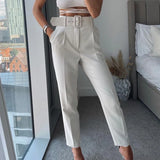 Mqtime Traf  Woman White Career Pant Office Lady Straight Pants Belt Casual Ankle Length Women Trousers Oem Female Suit Set