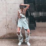 MQTIME  -  Casual Wide Leg Denim Overalls Rompers Women Straight Ripped Hole Mom Jeans Jumpsuit High Waist Loose Big Size Straps Baggy Pant