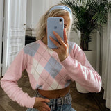 Mqtime Casual Argyle Round Neck Long Sleeve Patchwork Knitted свитер женский Fall Winter Clothes Women Sweet Pullover Tops