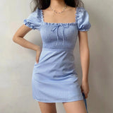 MQTIME  -  Little Fresh Pleated Blue White Plaid Bubble Sleeve Square Neck Short Sleeve A-line Dress