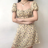 MQTIME  -  French Drawstring Bandage Chiffon Tulip Print Bubble Sleeve Waist Down Dress