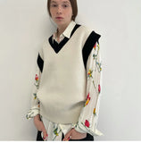 Mqtime Vintage sweaters for women fashion knit sweater vest women casual vest top knit kawaii black white patchwork sweater vest cute