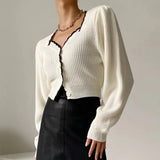 Mqtime Fashion Sexy Square Neck Patchwork White Cardigan Women Autumn Long Sleeve Slim Vintage Women Cardigan Sweater Cropped Tops