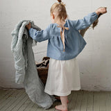  MQTIME  -  Chic Back Bow Tie Linen Shirt Girls New Solid Color Casual Loose Baby Kids Long-Sleeved Blouse Autumn Clothes