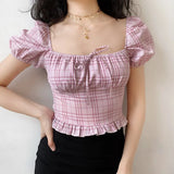 MQTIME  -  Pink Plaid Cute Bow Top Women's Collar Bubble Sleeve Ruffle Shirt