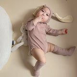MQTIME  -  Korean Style Baby Boys Girl Solid Color Rompers Autumn Toddler Baby Girl Clothes Long sleeve Romper+Rabbit Ear Hat+Socks