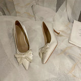 Mqtime New Fashion Pointed-Toe Bowknot Wedding Shoes Fairy Style Pearl Stiletto High Heel Shoes Bridesmaid Shoes