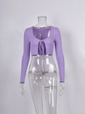 MQTIME  -  Summer New Women's Light Purple Sexy Low Collar Long Sleeve Bag Strap Bow Thread Fabric Short Jacket