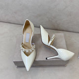 Mqtime Autumn New Pointed High Heel Women's Shoes Pearl Strap Hollow Pumps Fairy Shoes