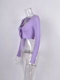 MQTIME  -  Summer New Women's Light Purple Sexy Low Collar Long Sleeve Bag Strap Bow Thread Fabric Short Jacket