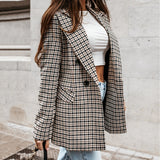 Mqtime Autumn Houndstooth Office Ladies Brazer Notched Collar Pocket Women Loose Jecket Long Sleeves Female Outfits Vintage Coat