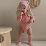MQTIME  -  Korean Style Baby Boys Girl Solid Color Rompers Autumn Toddler Baby Girl Clothes Long sleeve Romper+Rabbit Ear Hat+Socks