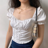 MQTIME  -  Alice Style Lace Bandage Slim Fold Bubble Sleeve Short Sleeve Shirt Top