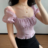 MQTIME  -  Pink Plaid Cute Bow Top Women's Collar Bubble Sleeve Ruffle Shirt