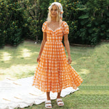 Mqtime  Elegant Boho Plaid Ruffle Summer Dress Short Sleeve High Waist Woman Dress Square Neck Backless Lace Up Ladies Party Dress