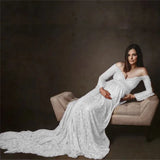 MQTIME  -  ﻿ Ginger Lace Maternity Dresses For Photo Shoot Pregnancy Women Dress For Photography Long Tail Baby Shower Dress Flare Sleeve