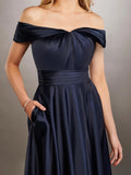 MQTIME  -  Dark Navy Bridesmaid Dress Satin Strapless Zipper Back Floor Length Wedding Party Gowns with Side Pockets