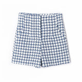 MQTIME  -  Tweed Women Two-piece Set Blue Plaid Vintage Office Lady  Vest Female Casual Slim High Waist Shorts Shorts Suit