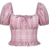 MQTIME  -  Pink Plaid Cute Bow Top Women's Collar Bubble Sleeve Ruffle Shirt