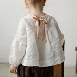  MQTIME  -  Chic Back Bow Tie Linen Shirt Girls New Solid Color Casual Loose Baby Kids Long-Sleeved Blouse Autumn Clothes