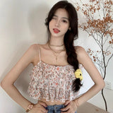 MQTIME  -   Ruffle Korean Sweet Holiday Top 2021 Summer Beach Floral Sexy Tops Women Backless Print Lace Kawaii Chiffon Blouse