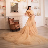 MQTIME  -  Chic Pregnancy Photoshoot Women Dress Fluffy Tulle Maternity Gown 2024 Beige Long Train Maternity Dresses Babyshower Robe Custom