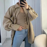 Mqtime Women Casual Warm Oversize Shirt Autumn Winter Solid Gray Beige Pink Big Pocket Coat Turn-Down Collar Jacket Streetwear