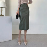 Mqtime Women 2024 Spring Streetwear Solid Split PU Leather Skirt Fashion High Waist Slim Female Straight Faux Leather Skirt